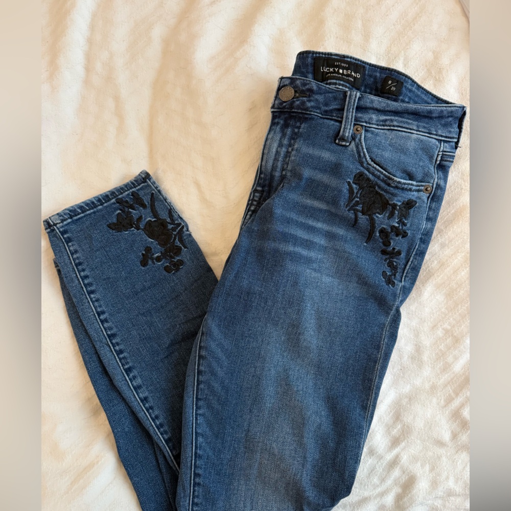 Lucky Brand Blue Jeans with Black Floral Embroidery - Picture 1 of 4